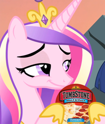Size: 914x1080 | Tagged: safe, edit, edited screencap, screencap, princess cadance, alicorn, pony, three's a crowd, cheap, cheese, cropped, food, holding, meat, meme, peetzer, pepperoni, pepperoni pizza, pizza, ponies eating meat, smiling, smirk, smug, solo, that pony sure does love pizza