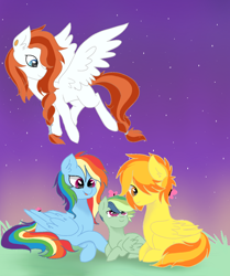 Size: 1360x1624 | Tagged: safe, artist:ishamallama, derpibooru import, rainbow dash, spitfire, oc, oc:color burst, oc:rain song, butterfly, pegasus, pony, alternate hairstyle, blank flank, female, hair over one eye, lesbian, magical lesbian spawn, missing cutie mark, offspring, parent:rainbow dash, parent:spitfire, parents:spitdash, shipping, spitdash