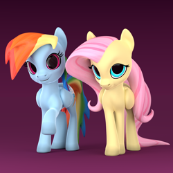 Size: 1080x1080 | Tagged: safe, artist:lightningflame, derpibooru import, fluttershy, rainbow dash, pegasus, pony, 3d, cutie mark, duo, female, folded wings, gradient background, looking at you, mare, wings