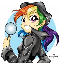 Size: 2000x2094 | Tagged: safe, artist:nancysauria, rainbow dash, clothes, detective, female, grin, hat, humanized, looking at you, looking back, looking back at you, magnifying glass, signature, smiling, solo