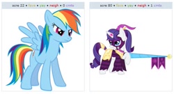 Size: 529x286 | Tagged: safe, rainbow dash, rarity, pegasus, pony, unicorn, exploitable meme, joust, juxtaposition, juxtaposition win, meta