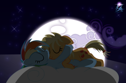 Size: 8000x5307 | Tagged: safe, artist:nightmaremoons, derpibooru import, applejack, rainbow dash, earth pony, pegasus, pony, absurd resolution, alternate hairstyle, appledash, cloud, cloudy, cuddling, female, lesbian, night, shipping, sleeping