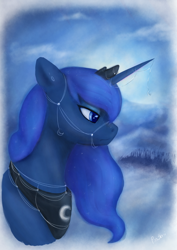 Size: 904x1280 | Tagged: safe, artist:honiibree, princess luna, alicorn, pony, bridle, bust, ethereal mane, female, horn jewelry, jewelry, mare, regalia, scenery, snow, solo, starry mane