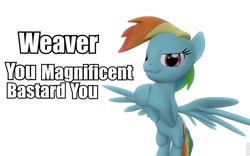 Size: 960x600 | Tagged: safe, artist:pinkie diane roosevelt phd, rainbow dash, pegasus, pony, 3d, clapping, gmod, reaction image, solo, vulgar, weaver you magnificent bastard