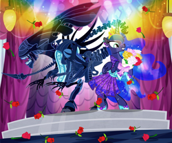 Size: 1100x917 | Tagged: safe, artist:pixelkitties, princess luna, alicorn, pony, alien (franchise), clothes, crossover, dress, female, flower, mare, rose, smiling, stage, xenomorph queen