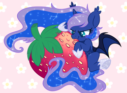 Size: 2500x1844 | Tagged: safe, artist:hawthornss, princess luna, alicorn, bat pony, bat pony alicorn, bat ponified, constellation, cute, cute little fangs, ear fluff, fangs, female, flower, food, glitter, lightly watermarked, lunabat, lunabetes, mare, nom, race swap, solo, strawberry, tongue out, underhoof, watermark