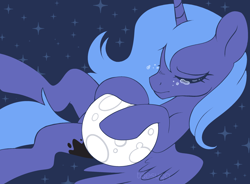 Size: 2500x1844 | Tagged: safe, artist:hawthornss, princess luna, alicorn, pony, crying, eyes closed, moon, pixel art, s1 luna, solo, space, tangible heavenly object, to the moon