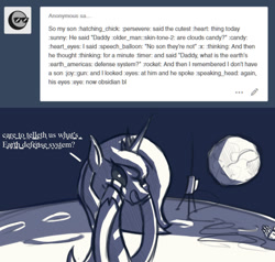 Size: 1110x1056 | Tagged: safe, artist:askbestprincessluna, princess luna, alicorn, pony, ask, astronaut, black sclera, clothes, creepypasta, cute, earth, female, gloves, grayscale, grimcute, hand, loony luna, lunabetes, mare, monochrome, moon, offscreen character, on the moon, open mouth, planet, radio, smiling, solo, spoopy, squishy cheeks, text, tumblr, what is the defense system father, zalgo