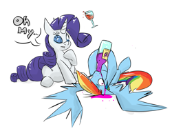 Size: 1300x972 | Tagged: safe, artist:cider, rainbow dash, rarity, pegasus, pony, unicorn, drink, drinking, female, lesbian, messy, raridash, sapphire eye rarity, shipping, wine