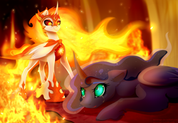 Size: 5000x3450 | Tagged: safe, artist:isorrayi, daybreaker, princess luna, alicorn, pony, alternate timeline, alternate universe, armor, crying, duo, female, fire, high res, horn, jewelry, regalia, slit eyes, this will end in tears, wings