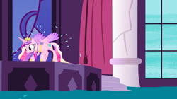 Size: 1440x806 | Tagged: safe, screencap, princess cadance, alicorn, pony, princess spike (episode), behaving like a dog, colored wings, crouching, female, gradient wings, mare, water, wet mane, wet-dog shake