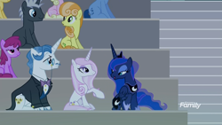 Size: 1920x1080 | Tagged: safe, screencap, berry punch, berryshine, blues, dark moon, fancypants, fleur-de-lis, graphite, junebug, millie, noteworthy, princess luna, alicorn, earth pony, pony, unicorn, horse play, crowd, discovery family logo, female, male, mare, raised hoof, sitting, skunk stripe, stallion, talking