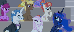 Size: 1849x813 | Tagged: safe, screencap, berry punch, berryshine, coco crusoe, dark moon, fancypants, fleur-de-lis, graphite, junebug, princess luna, rainbow stars, rainbowshine, alicorn, pony, horse play, cropped, female, laughing, male, skunk stripe