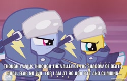 Size: 1000x635 | Tagged: safe, derpibooru import, screencap, rainbow dash, spitfire, pegasus, pony, the cutie re-mark, alternate timeline, apocalypse dash, armor, bible, crystal war timeline, image macro, meme, parody, psalm 23, quote, sr-71 blackbird