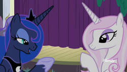 Size: 1920x1080 | Tagged: safe, screencap, fleur-de-lis, princess luna, alicorn, pony, unicorn, horse play, conversation, discovery family logo, female, mare, skunk stripe, stage, talking