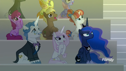 Size: 1920x1080 | Tagged: safe, screencap, berry punch, berryshine, coco crusoe, dark moon, fancypants, fleur-de-lis, graphite, junebug, princess luna, rainbow stars, rainbowshine, alicorn, earth pony, pegasus, pony, unicorn, horse play, angry, clapping, dawn, discovery family logo, excited, female, frown, hooves on cheeks, looking up, luna is not amused, male, mare, sitting, smiling, stallion, unamused, varying degrees of amusement