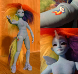 Size: 916x873 | Tagged: safe, artist:silverbeam, rainbow dash, alicorn, hybrid, abomination, ball jointed doll, custom, doll, humanized, race swap, rainbowcorn, species swap, toy