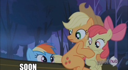 Size: 500x274 | Tagged: safe, derpibooru import, edit, edited screencap, screencap, apple bloom, applejack, rainbow dash, earth pony, pegasus, pony, sleepless in ponyville, hub logo, image macro, reaction image, soon