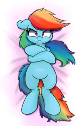 Size: 1000x1501 | Tagged: safe, artist:heir-of-rick, derpibooru import, rainbow dash, pegasus, pony, bed, body pillow, body pillow design, female, grumpy, looking at you, mare, solo, wingless