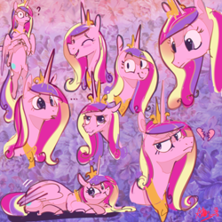 Size: 4000x4000 | Tagged: safe, artist:alumx, princess cadance, alicorn, pony, absurd resolution, broken hearts, bust, concerned, confused, cute, cutedance, expressions, eyes closed, female, looking down, multeity, open mouth, portrait, prone, smiling, solo