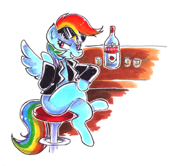 Size: 1561x1519 | Tagged: safe, artist:krwawnik, derpibooru import, rainbow dash, pegasus, pony, alcohol, bar, bottle, clothes, crossed legs, food, jacket, markers, shot glass, sitting, solo, stool, sunglasses, traditional art, vodka