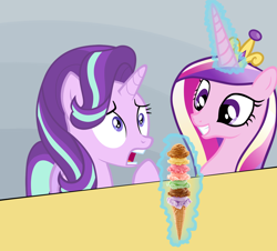 Size: 1280x1158 | Tagged: safe, princess cadance, starlight glimmer, alicorn, pony, food, ice cream, magic, shocked