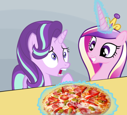 Size: 1280x1158 | Tagged: safe, princess cadance, starlight glimmer, alicorn, pony, chilli, food, meat, peetzer, pepperoni, pepperoni pizza, pizza, shocked