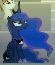 Size: 614x731 | Tagged: safe, screencap, princess luna, rainbow stars, alicorn, pony, horse play, cropped, ethereal mane, female, looking up, luna is not amused, mare, sitting, solo, solo focus, starry mane, unamused