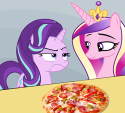 Size: 1280x1158 | Tagged: safe, princess cadance, starlight glimmer, alicorn, pony, food, meat, peetzer, pepperoni, pepperoni pizza, pizza, unamused