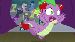 Size: 1280x720 | Tagged: safe, screencap, berry punch, berryshine, blues, coco crusoe, dark moon, fancypants, fleur-de-lis, graphite, junebug, millie, noteworthy, princess luna, rainbow stars, rainbowshine, spike, sunshower raindrops, alicorn, dragon, earth pony, pegasus, pony, unicorn, horse play, angry, audience, booing, claws, female, food, impatient, male, mare, stallion, tomato