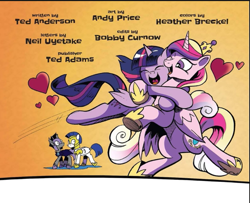 Size: 695x565 | Tagged: safe, artist:andypriceart, idw, princess cadance, twilight sparkle, twilight sparkle (alicorn), alicorn, bat pony, spoiler:comic, spoiler:comic61, cute, cutedance, hug, royal guard, text, twiabetes