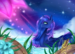 Size: 3000x2131 | Tagged: safe, artist:misucats, princess luna, alicorn, duck pony, pony, dream, dream walker luna, ethereal mane, female, looking up, mare, smiling, solo, starry mane, starry night, stars, water