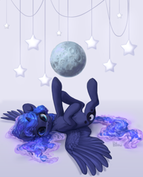 Size: 2000x2480 | Tagged: safe, artist:graypillow, princess luna, alicorn, pony, behaving like a cat, cute, female, looking at you, lunabetes, mare, moon, on back, solo, stars