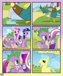 Size: 900x1080 | Tagged: safe, artist:lister-of-smeg, princess cadance, spike, twilight sparkle, twilight sparkle (alicorn), oc, oc:pulp puree, oc:scavenger (lister-of-smeg), alicorn, cockatrice, dragon, earth pony, pony, comic:crystal heart attack, female, male, mare, stallion