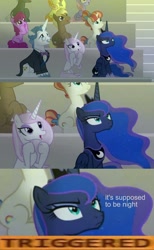 Size: 741x1200 | Tagged: safe, edit, edited screencap, screencap, berry punch, berryshine, coco crusoe, dark moon, fancypants, fleur-de-lis, graphite, junebug, princess luna, rainbow stars, rainbowshine, alicorn, pony, horse play, angry, luna is not amused, meme, triggered, unamused