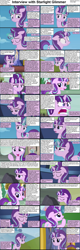 Size: 1282x4018 | Tagged: safe, derpibooru import, rainbow dash, starlight glimmer, pegasus, pony, unicorn, comic:celestia's servant interview, blushing, caption, comic, cs captions, female, floppy ears, interview, mare, roleplay in the comments