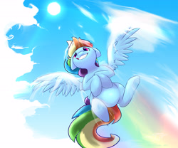 Size: 4486x3730 | Tagged: safe, artist:angelwing314, derpibooru import, rainbow dash, pegasus, pony, flying, perspective, sky, solo, sun