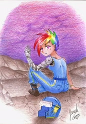 Size: 1602x2311 | Tagged: safe, artist:janadashie, derpibooru import, rainbow dash, cyborg, human, the cutie re-mark, alternate timeline, apocalypse dash, ass, crystal war timeline, helmet, humanized, looking back, prosthetic limb, prosthetics, scar, sitting, solo, traditional art