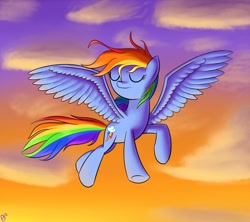 Size: 900x800 | Tagged: safe, artist:paradigmpizza, rainbow dash, pegasus, pony, eyes closed, flying, solo, sunset