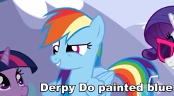 Size: 634x349 | Tagged: safe, rainbow dash, pegasus, pony, blue coat, derp, female, image macro, mare, multicolored mane, solo, wat