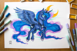 Size: 819x545 | Tagged: safe, artist:kattvalk, princess luna, alicorn, pony, copic, female, flying, mare, marker drawing, markers, moon, smiling, solo, traditional art