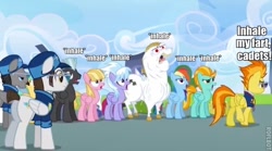 Size: 570x316 | Tagged: safe, edit, edited screencap, screencap, bulk biceps, cloudchaser, fast clip, lightning dust, manerick, meadow flower, rainbow dash, spitfire, sunshower raindrops, thunderlane, whiplash, pegasus, pony, wonderbolts academy, butt, clothes, fart joke, female, hat, implied farting, inhaling, male, mare, plot, stallion, uniform, wat, wonderbolts dress uniform