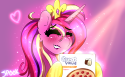 Size: 3480x2160 | Tagged: safe, artist:aaa-its-spook, princess cadance, alicorn, pony, blushing, crepuscular rays, crown, cute, cutedance, eyes closed, eyeshadow, female, food, great value, happy, horn, jewelry, lipstick, makeup, mare, meat, meme, peetzer, pepperoni, pepperoni pizza, pizza, ponies eating meat, regalia, smiling, solo, sparkly mane, that pony sure does love pizza, waifu