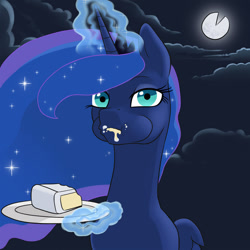 Size: 995x994 | Tagged: safe, artist:arareroll, edit, princess luna, alicorn, pony, cake, cheese, cheesecake, cloud, cropped, eating, edible heavenly object, female, food, glowing horn, magic, mare, moon, moon pie, night, solo, tangible heavenly object, telekinesis