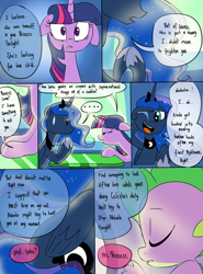 Size: 900x1214 | Tagged: safe, artist:emositecc, princess luna, spike, twilight sparkle, twilight sparkle (alicorn), alicorn, dragon, pony, comic:empty halls, ..., comic, cutie mark, dialogue, female, floppy ears, male, mare, sleeping, sweat, sweatdrop