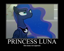 Size: 750x600 | Tagged: safe, edit, edited screencap, screencap, princess luna, alicorn, pony, horse play, female, luna is not amused, mare, motivational poster, sitting, solo focus, unamused