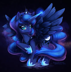 Size: 1184x1200 | Tagged: safe, artist:memokkeen, artist:sofiewikstromart, princess luna, alicorn, pony, black background, detailed, female, glowing horn, mare, simple background, solo