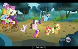 Size: 1024x640 | Tagged: safe, derpibooru import, screencap, apple bloom, applejack, rainbow dash, rarity, scootaloo, sweetie belle, earth pony, pegasus, pony, unicorn, sleepless in ponyville, camping outfit, cutie mark crusaders, hub logo, youtube caption