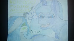 Size: 3264x1836 | Tagged: safe, artist:krumpcakes, princess luna, queen chrysalis, alicorn, changeling, changeling queen, pony, blushing, chrysaluna, female, implied princess celestia, lesbian, offscreen character, shipping, traditional art, yelling