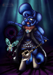 Size: 905x1280 | Tagged: safe, artist:calena, princess luna, alicorn, anthro, parasprite, unguligrade anthro, angry, belt, cape, clothes, fantasy class, game, hand, jewelry, mmorpg, open mouth, patreon, patreon logo, regard horn staff, sapphire, shadow, shadowmancer, staff, tree of savior, wings